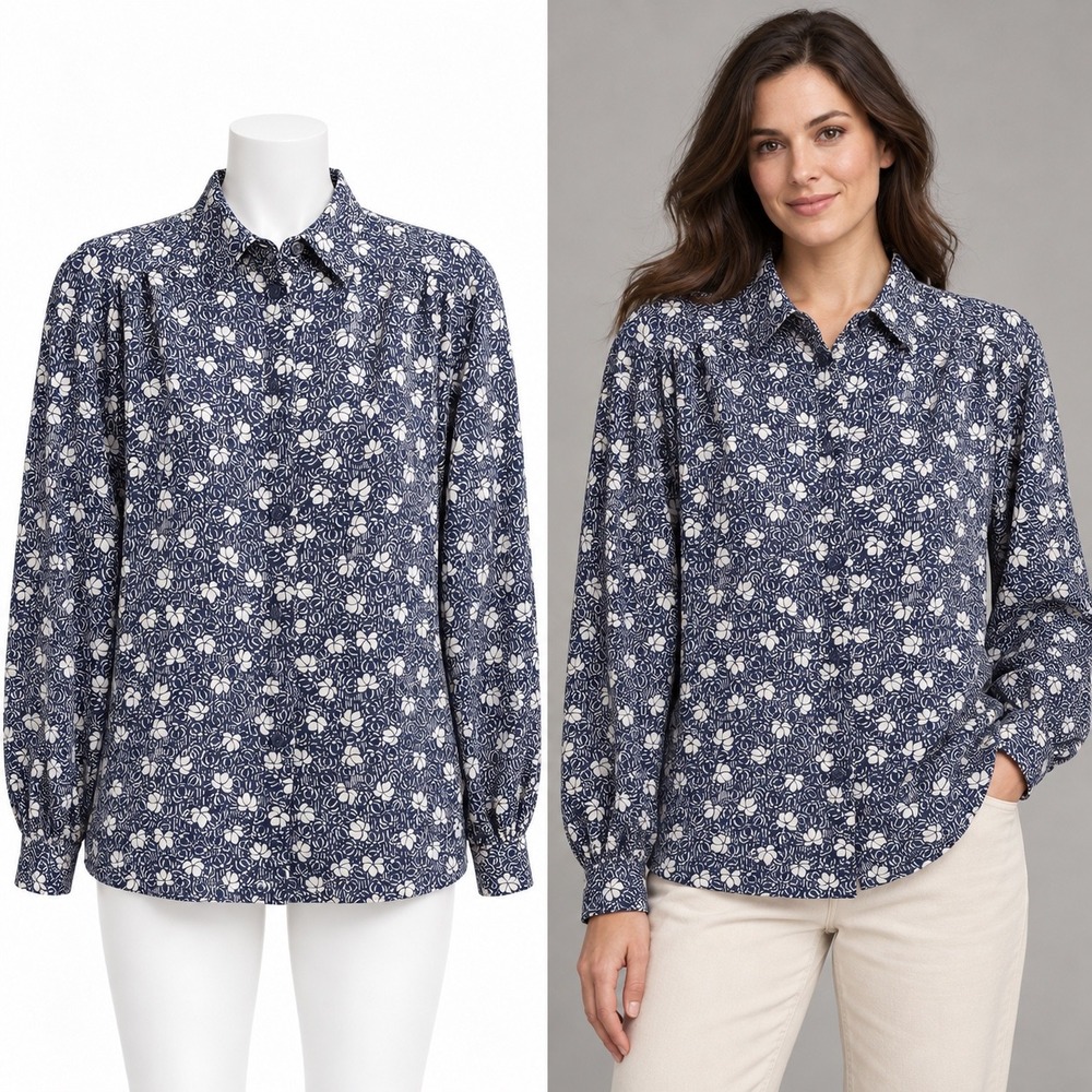 Vintage Country Sophisticates by Pendleton Blouse Women L Blue Floral Mock Neck